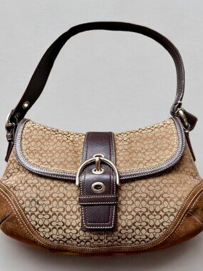Coach Large Brown Suede Leather Signature Canvas Soho Flap Shoulder Bag F10926